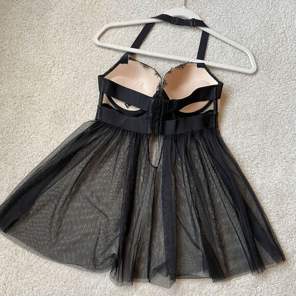 Victoria’s Secret Black Lace Babydoll Chemise Bustier Slip 34D Lingerie Sexy - Picture 4 of 9